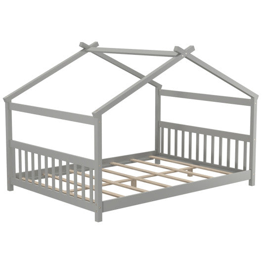 Full Size House Bed Montessori Floor Bed with Headboard-Gray