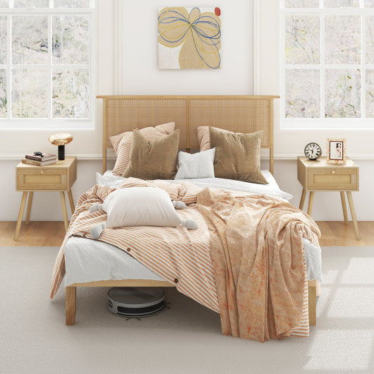 Twin/Full/Queen Size Bed Frame with Rattan Headboard-Full Size