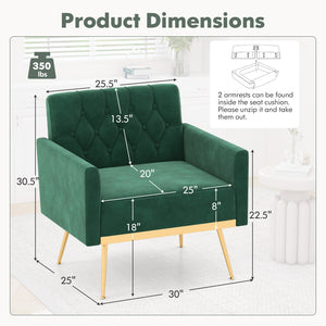 Modern Velvet Accent Chair with Button Tufted Back Golden Metal Legs and Adjustable Foot Pads-Turquoise