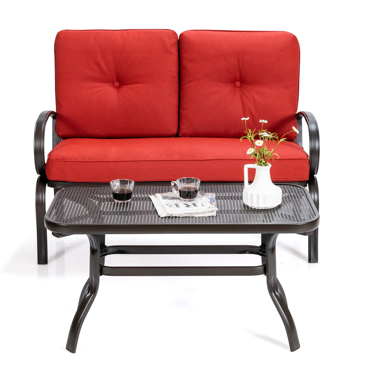 2 Pieces Patio Outdoor Cushioned Coffee Table Seat-Beige