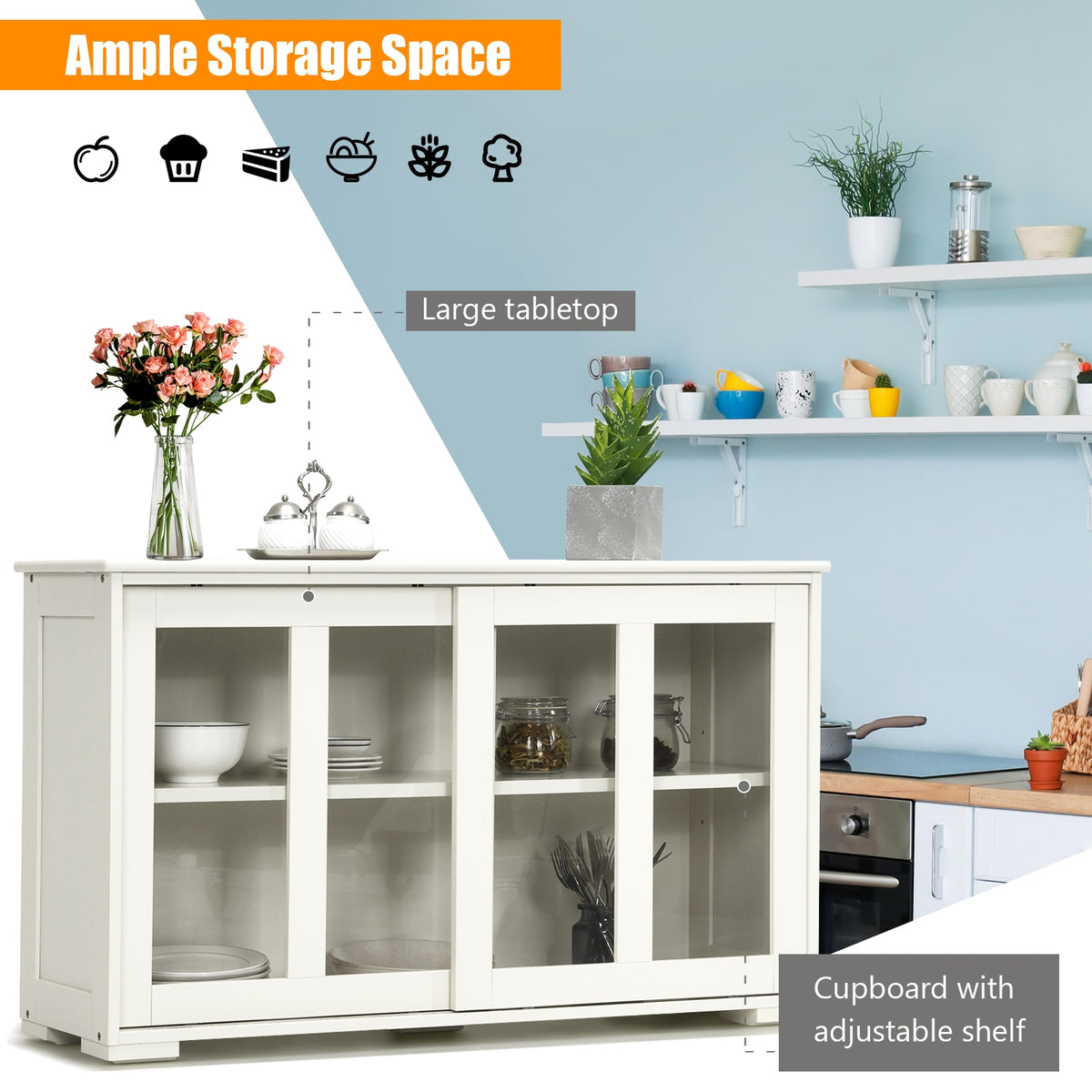 Sideboard Buffet Cupboard Storage Cabinet with Sliding Door-Antique White