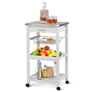 Kitchen Island Cart with Stainless Steel Tabletop and Basket-White