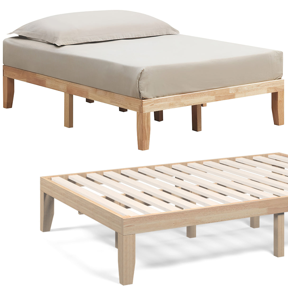 14 Inch Full Size Wood Platform Bed Frame with Wood Slat Support-Brown