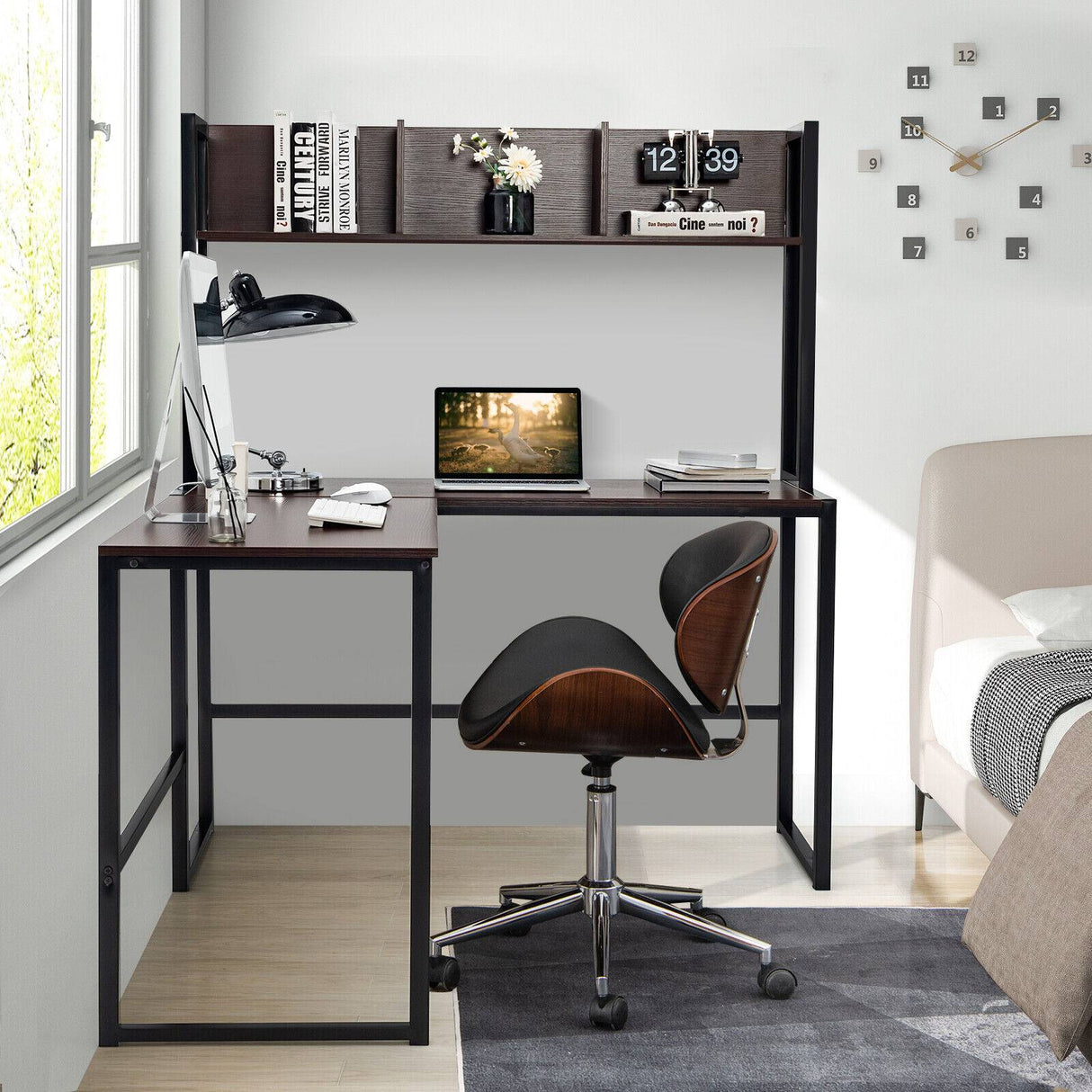 Reversible L-Shaped Corner Desk with Storage Bookshelf-Black
