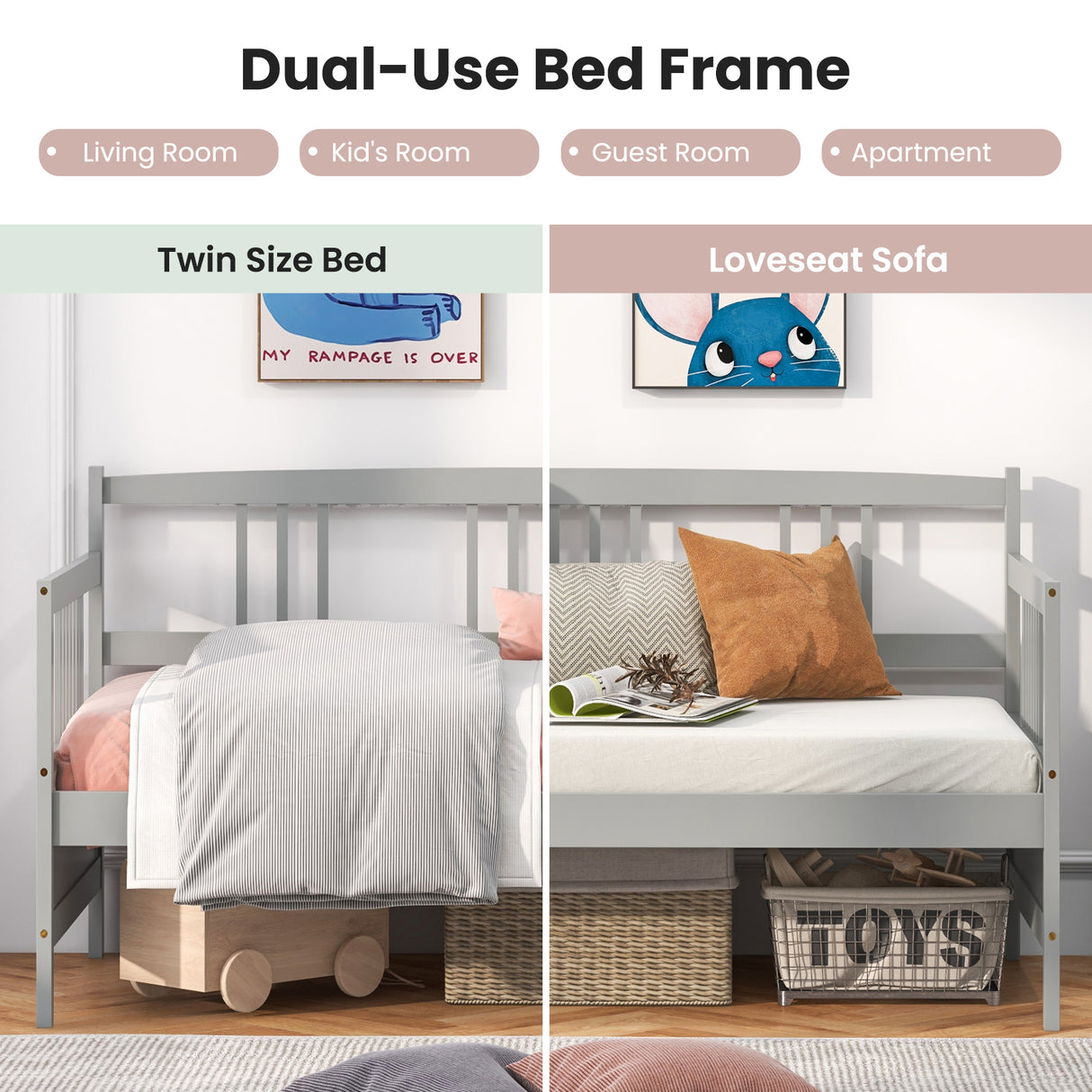 Twin Size Wooden Slats Daybed Bed with Rails-Cherry