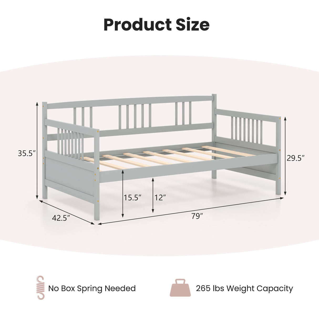 Twin Size Wooden Slats Daybed Bed with Rails-Cherry