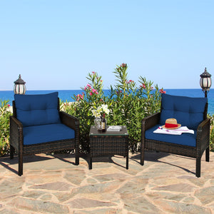3 Pieces Outdoor Patio Rattan Conversation Set with Seat Cushions-Navy by DirectDeals