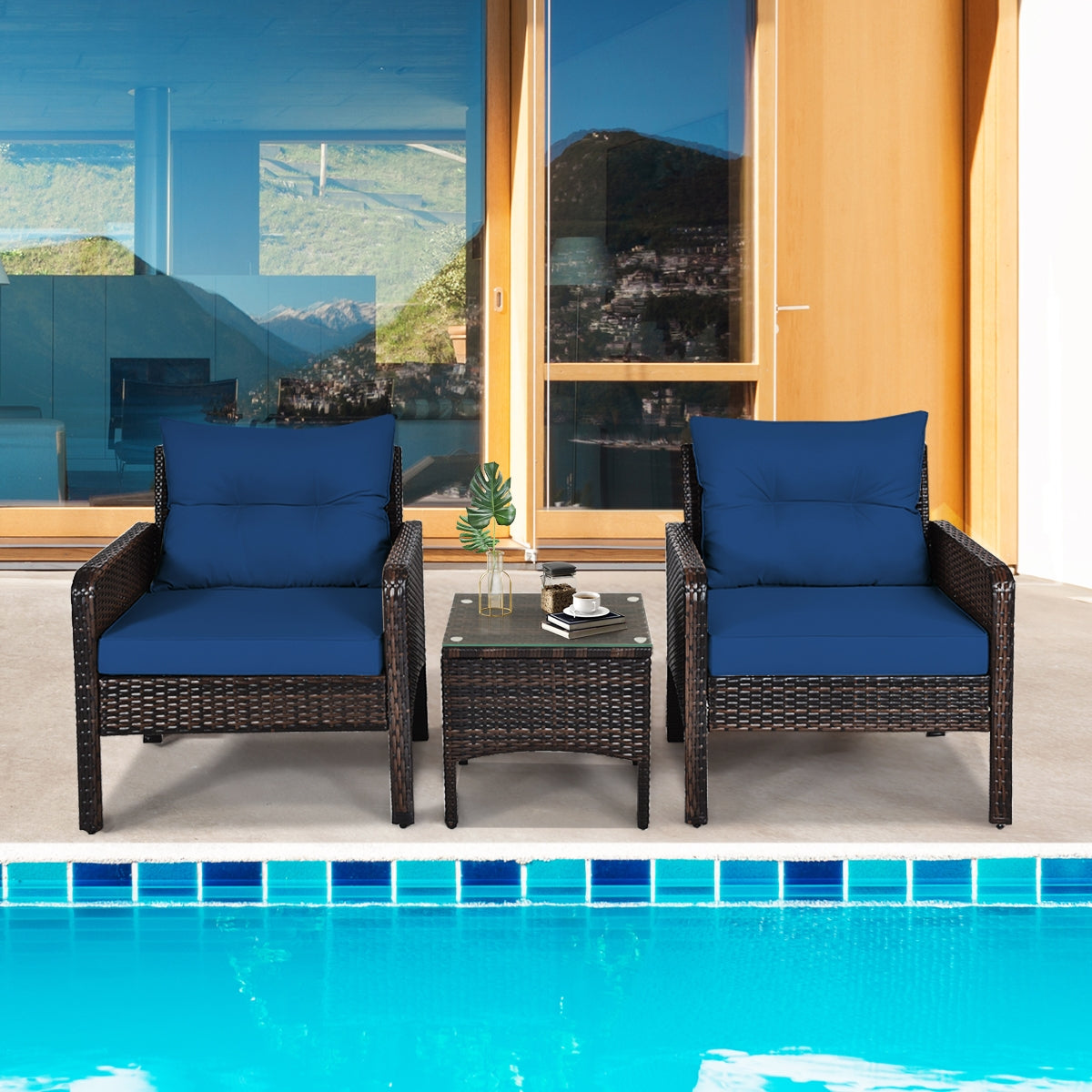 3 Pieces Outdoor Patio Rattan Conversation Set with Seat Cushions-Navy by DirectDeals