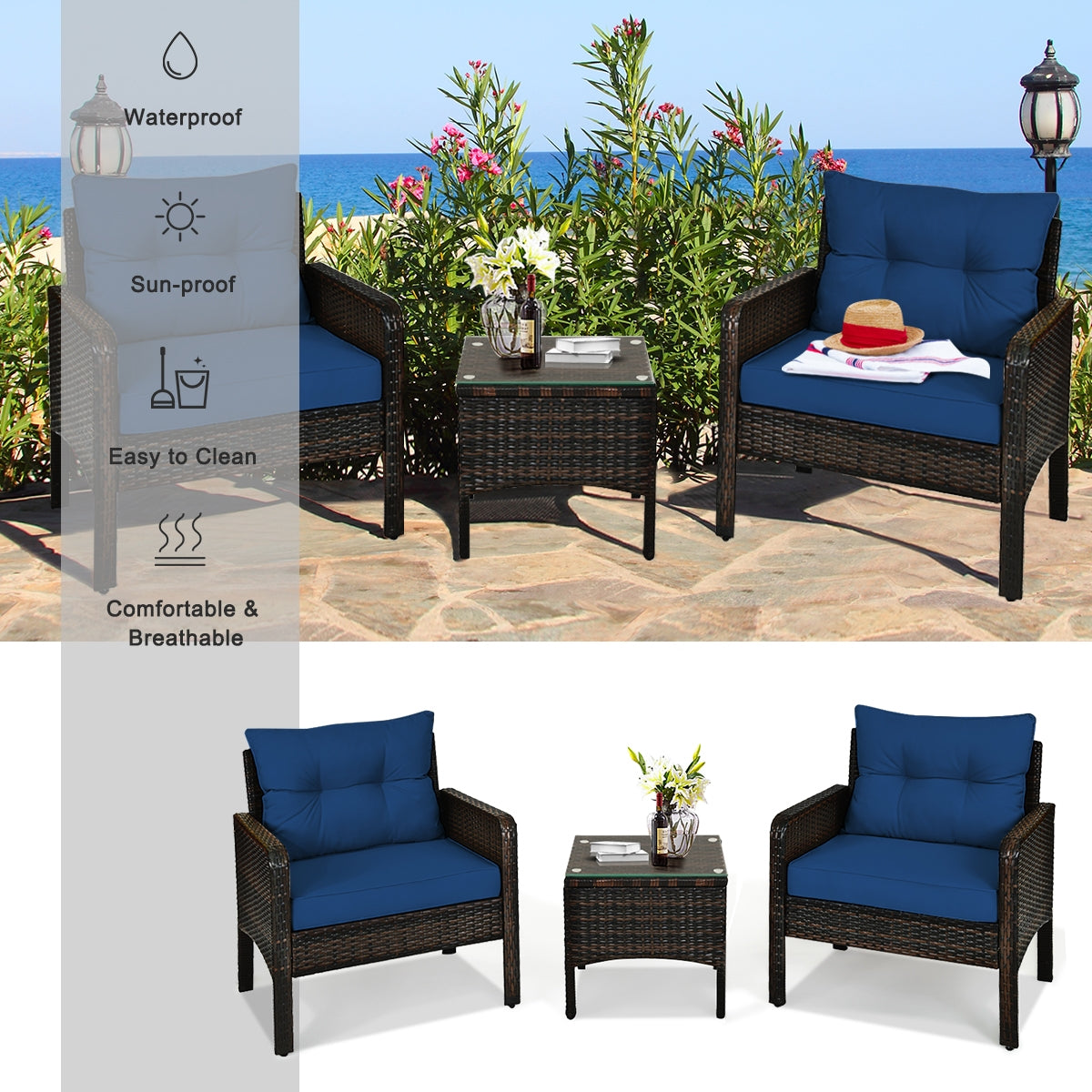 3 Pieces Outdoor Patio Rattan Conversation Set with Seat Cushions-Navy by DirectDeals