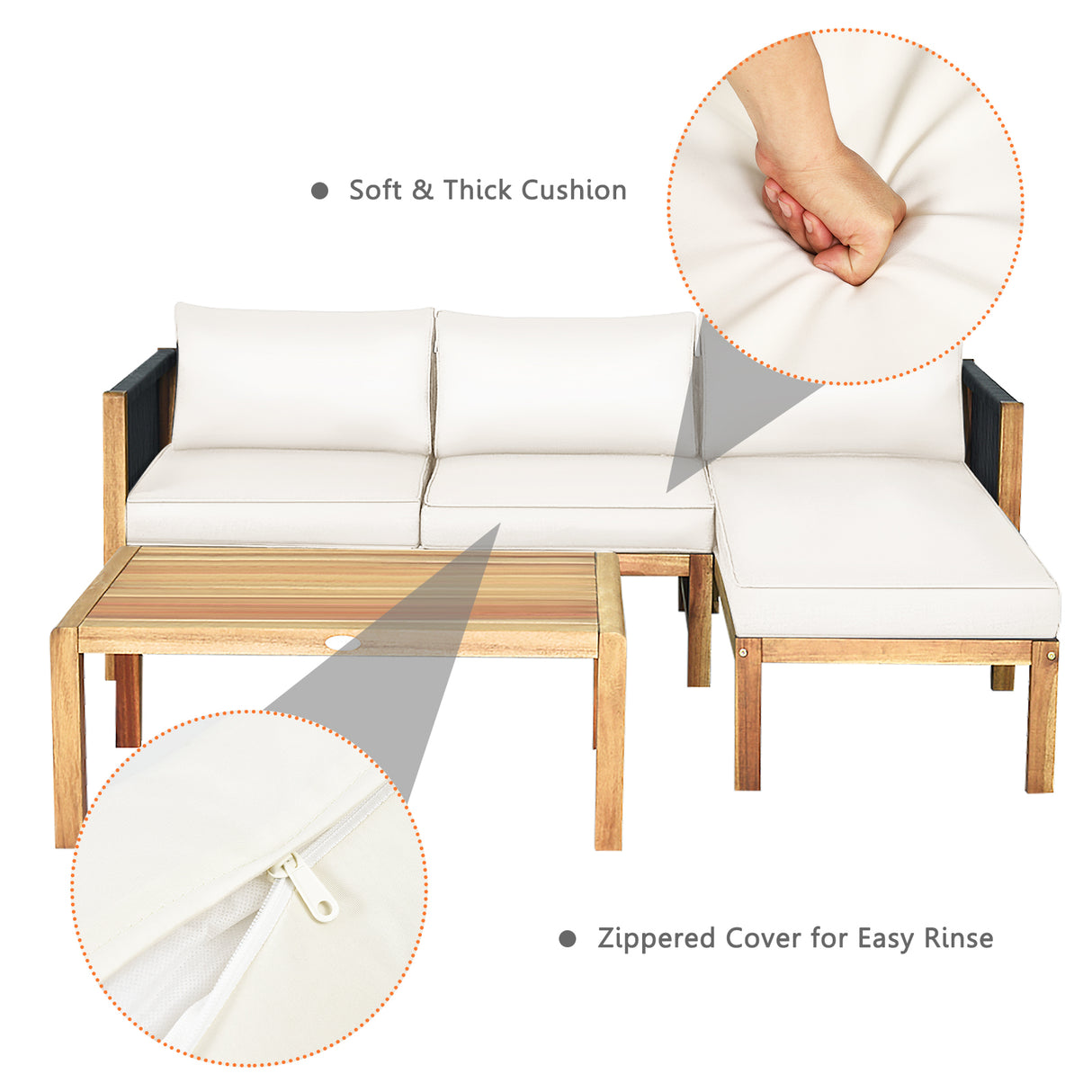 3 Piece Patio Acacia Sofa Set with Nylon Armrest