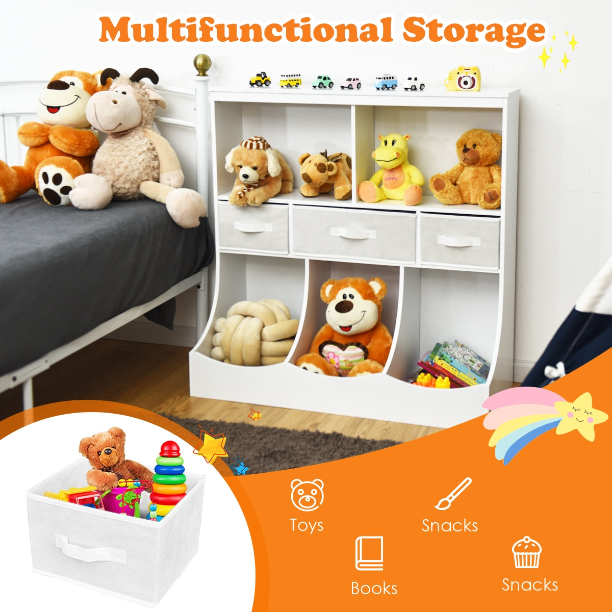 Freestanding Combo Cubby Bin Storage Organizer Unit W/3 Baskets-Brown