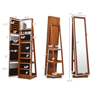 360 ° Rotatable 2-in-1 Lockable Jewelry Cabinet with Full-Length Mirror-Brown