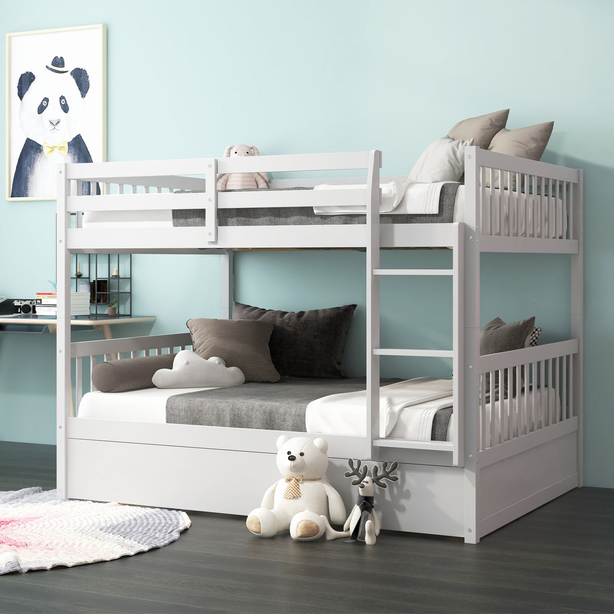 Full over Full Bunk Bed Platform Wood Bed with Ladder-White