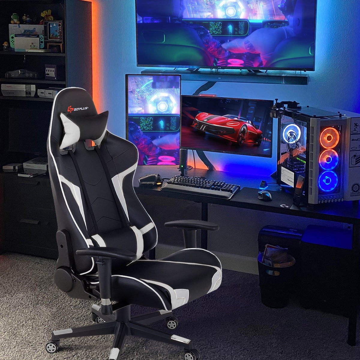 Reclining Swivel Massage Gaming Chair with Lumbar Support-White