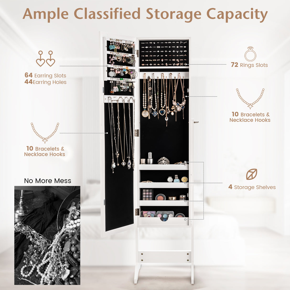 Mirrored Standing Jewelry Cabinet Storage Box-Black