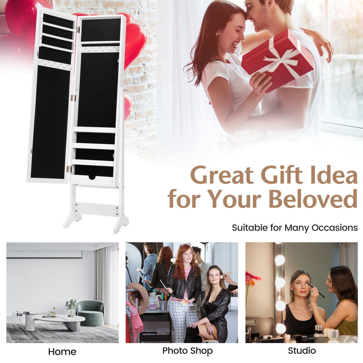 Mirrored Standing Jewelry Cabinet Storage Box-Black