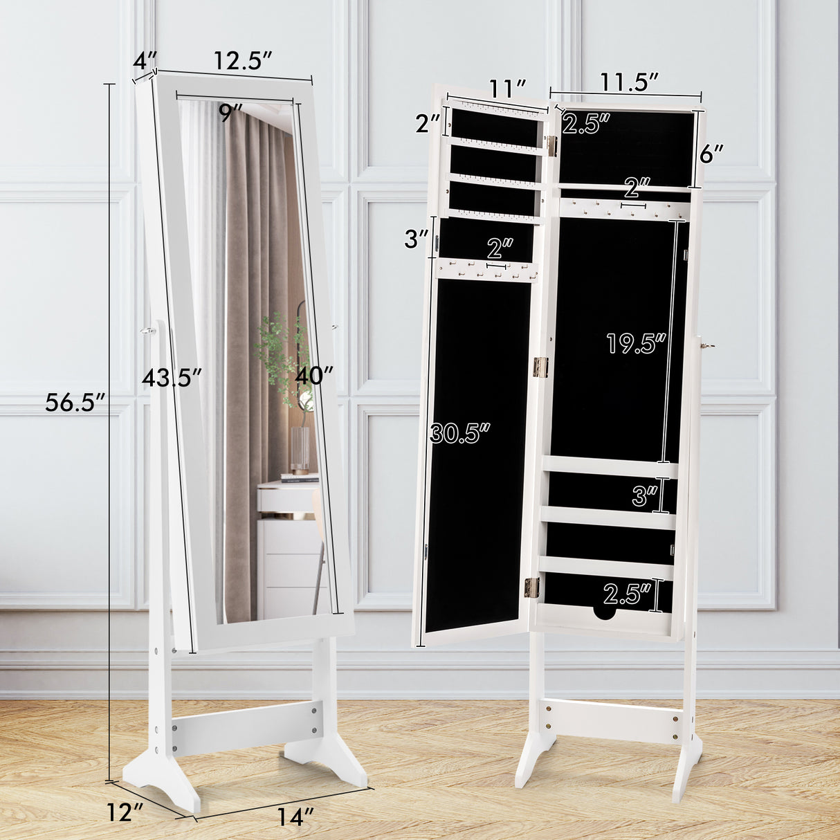 Mirrored Standing Jewelry Cabinet Storage Box-Black