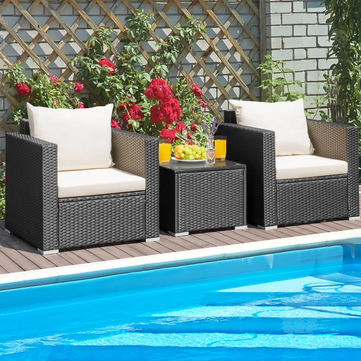 3 Pieces Patio Wicker Conversation Set  with Cushion-White