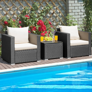 3 Pieces Patio Wicker Conversation Set  with Cushion-White