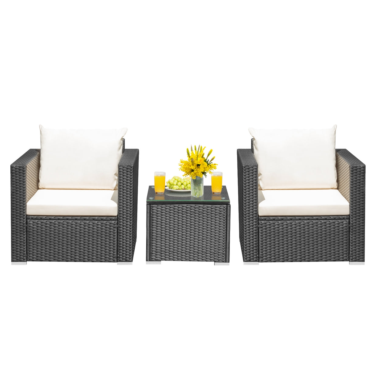 3 Pieces Patio Wicker Conversation Set  with Cushion-White
