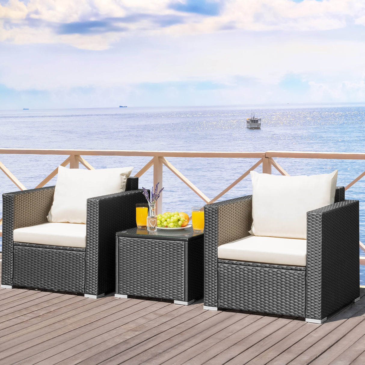 3 Pieces Patio Wicker Conversation Set  with Cushion-White