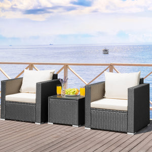 3 Pieces Patio Wicker Conversation Set  with Cushion-White