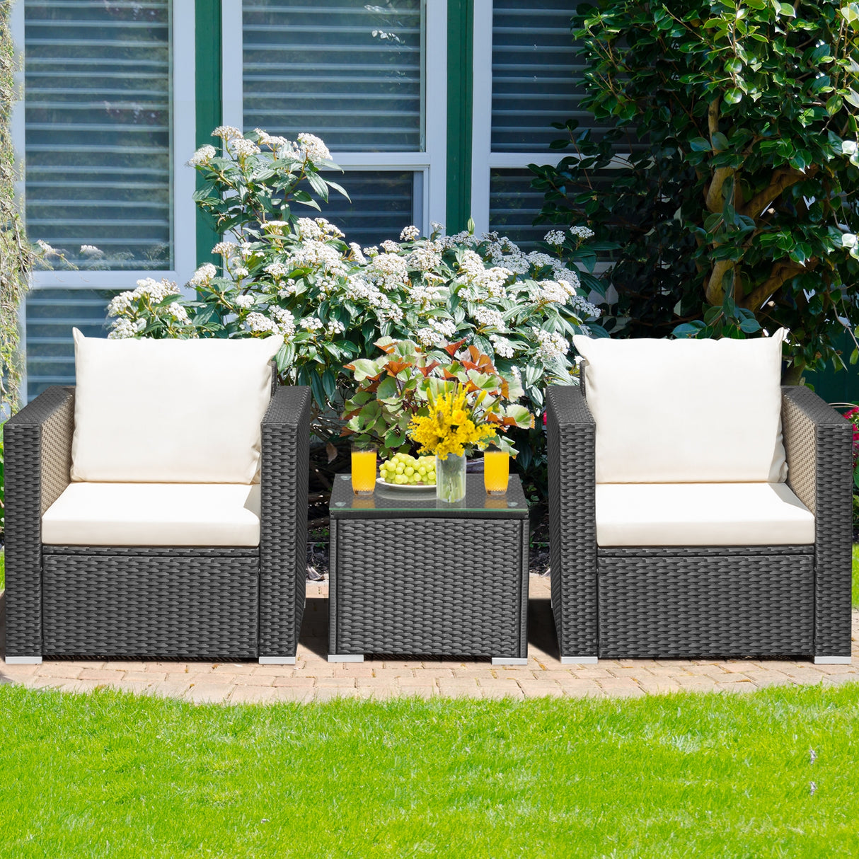 3 Pieces Patio Wicker Conversation Set  with Cushion-White