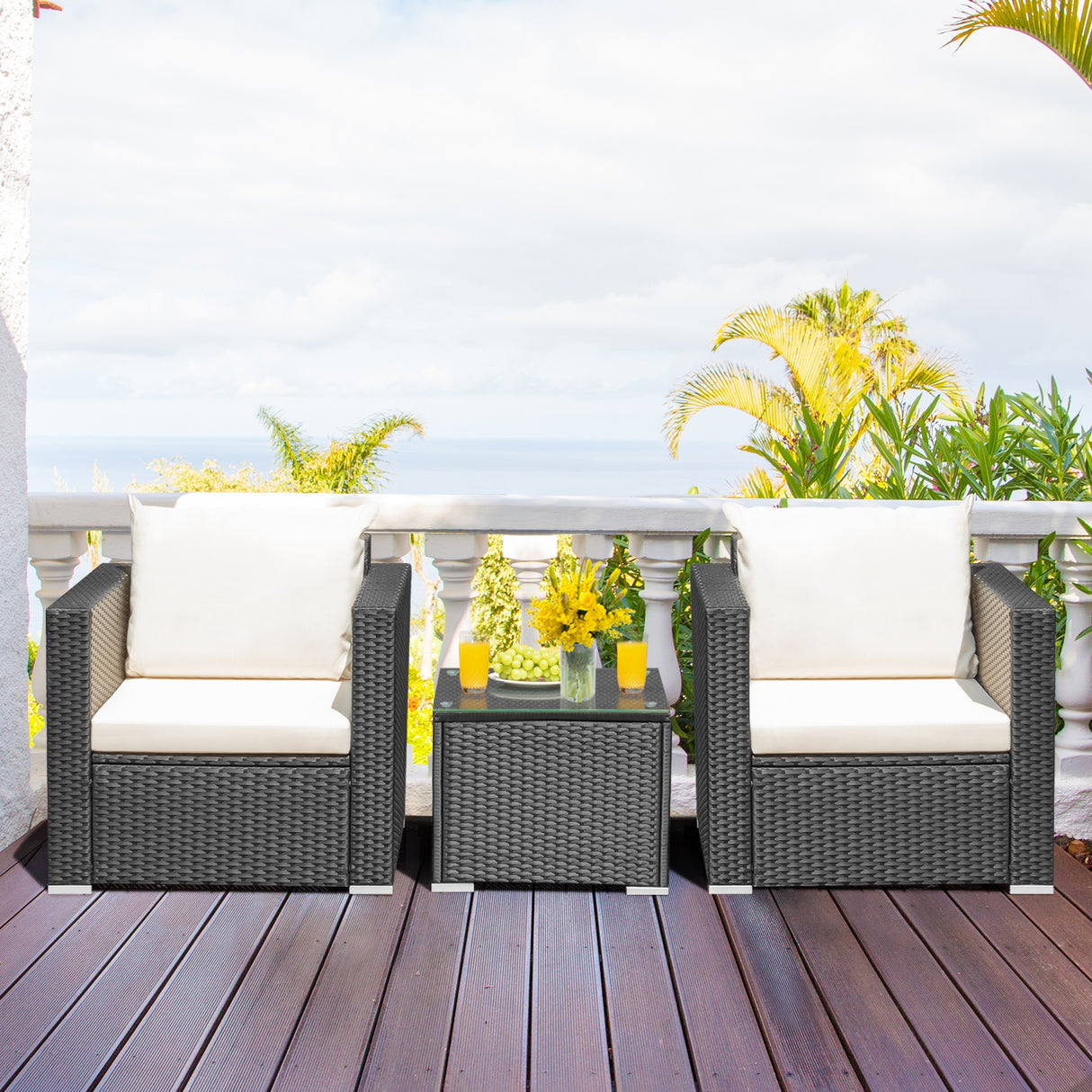 3 Pieces Patio Wicker Conversation Set  with Cushion-White