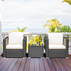 3 Pieces Patio Wicker Conversation Set  with Cushion-White