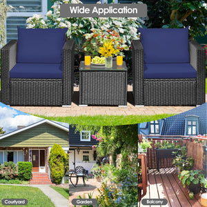 3 Pieces Patio Wicker Conversation Set  with Cushion-Navy