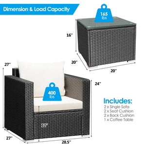 3 Pieces Patio Wicker Conversation Set  with Cushion-White