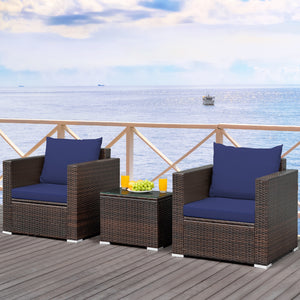 3 Pcs Patio Conversation Rattan Furniture Set with Cushion-Beige