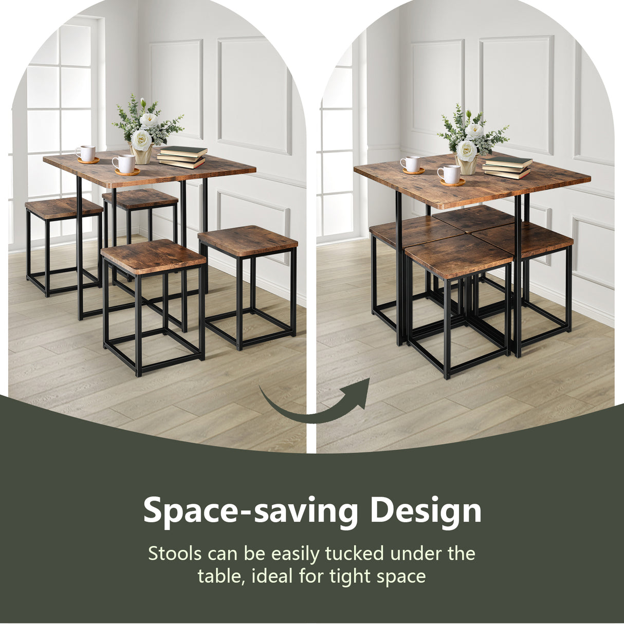 5 Pieces Metal Frame Dining Set with Compact Dining Table and 4 Stools-Walnut