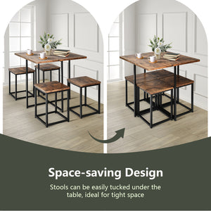 5 Pieces Metal Frame Dining Set with Compact Dining Table and 4 Stools-Walnut