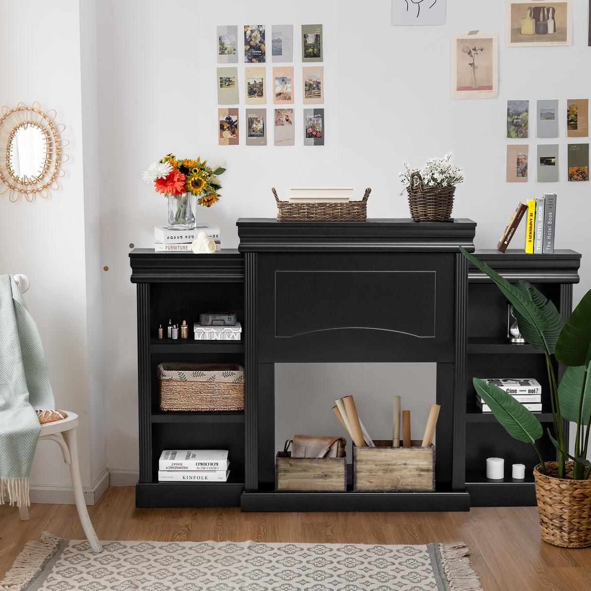70 Inch Modern Fireplace Media Entertainment Center with Bookcase-Black