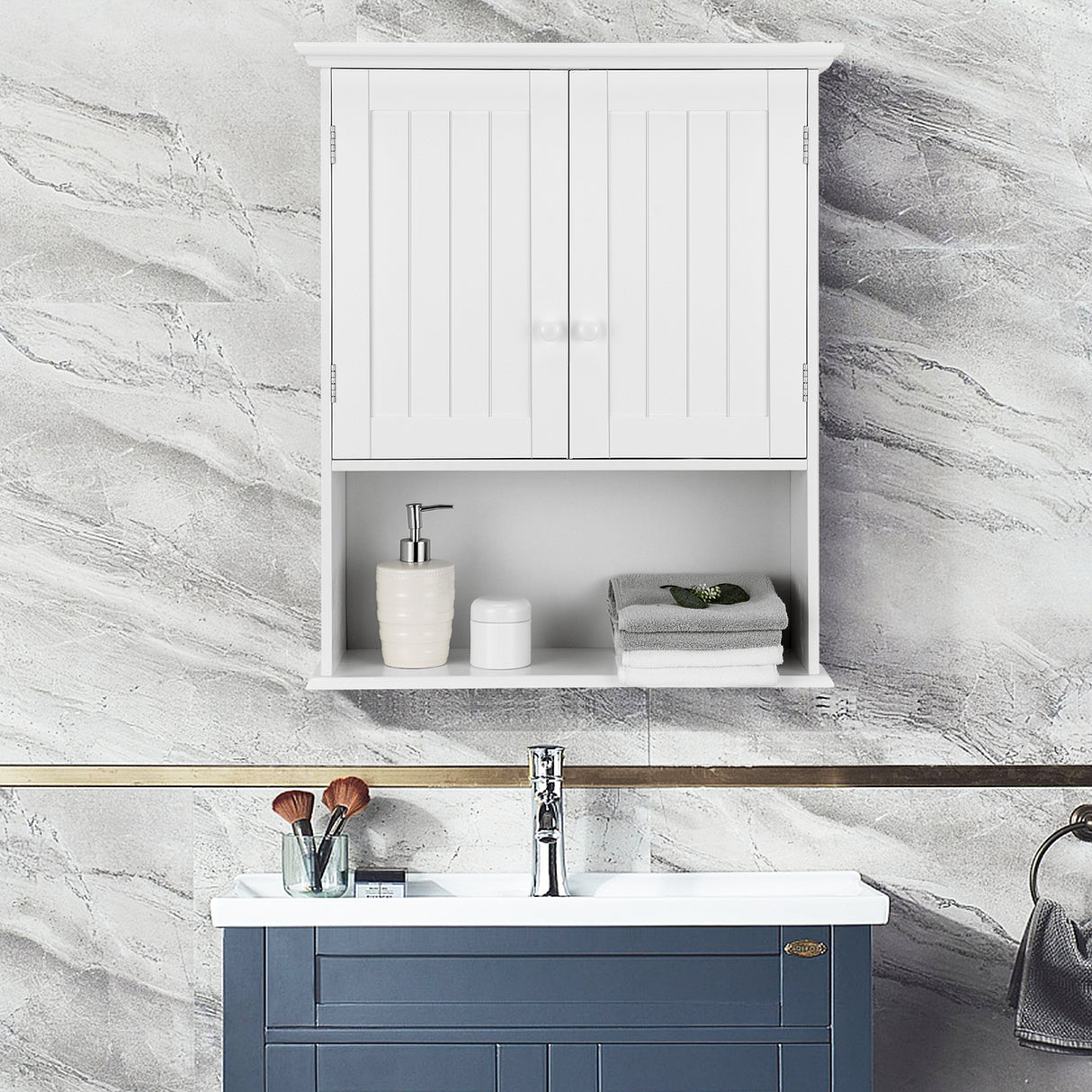 2-Door Wall Mount Bathroom Storage Cabinet with Open Shelf-White