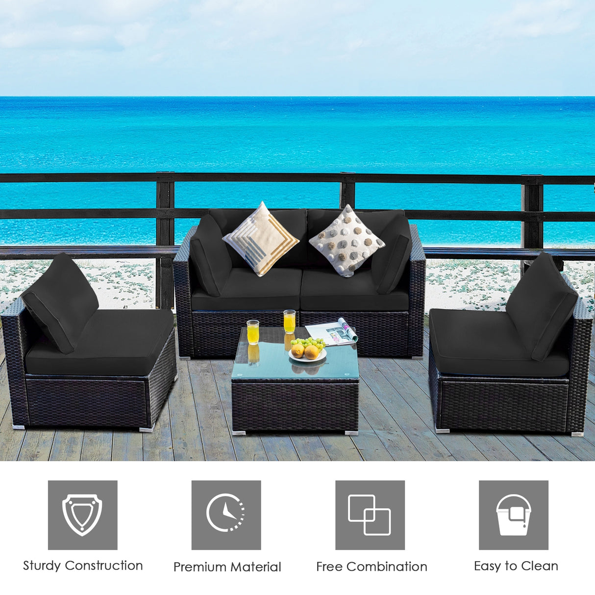 5 Pieces Cushioned Patio Rattan Furniture Set with Glass Table-White