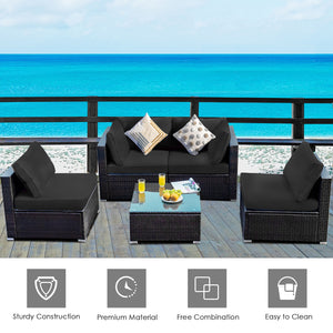 5 Pieces Cushioned Patio Rattan Furniture Set with Glass Table-White