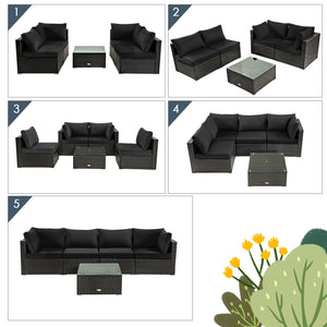 5 Pieces Cushioned Patio Rattan Furniture Set with Glass Table-White