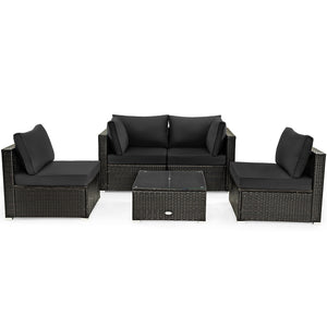 5 Pieces Cushioned Patio Rattan Furniture Set with Glass Table-White