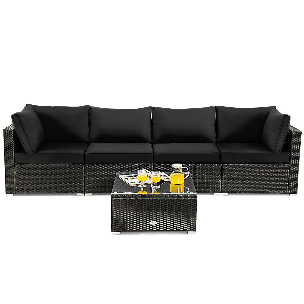 5 Pieces Cushioned Patio Rattan Furniture Set with Glass Table-White