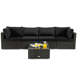 5 Pieces Cushioned Patio Rattan Furniture Set with Glass Table-White