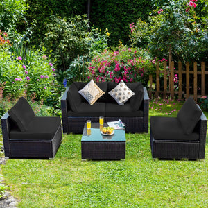 5 Pieces Cushioned Patio Rattan Furniture Set with Glass Table-White