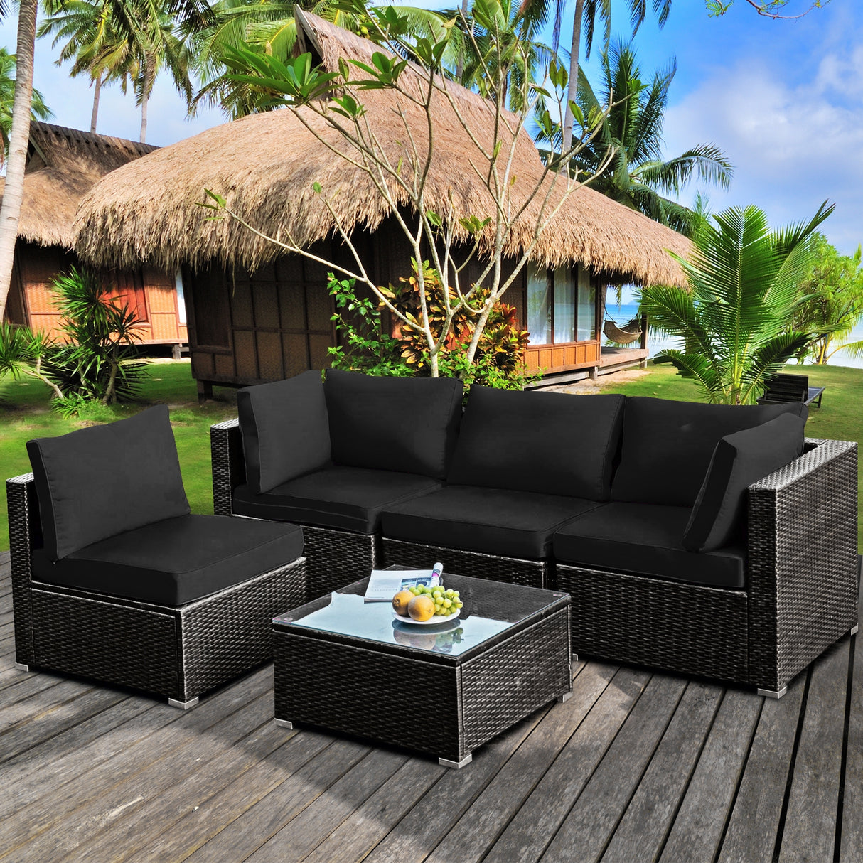 5 Pieces Cushioned Patio Rattan Furniture Set with Glass Table-White