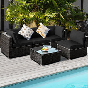 5 Pieces Cushioned Patio Rattan Furniture Set with Glass Table-White