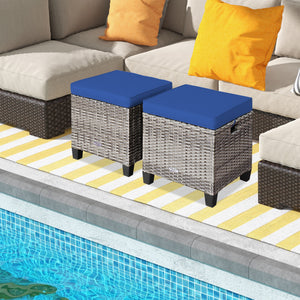 2PCS Patio Rattan Wicker Ottoman Seat with Removable Cushions-Red