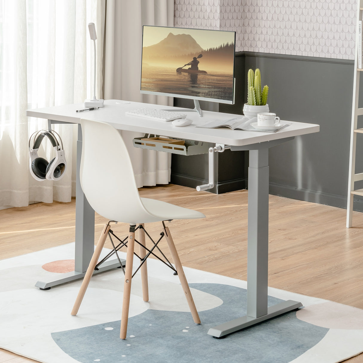 Hand Crank Sit to Stand Desk Frame Height Adjustable Standing Base-Black