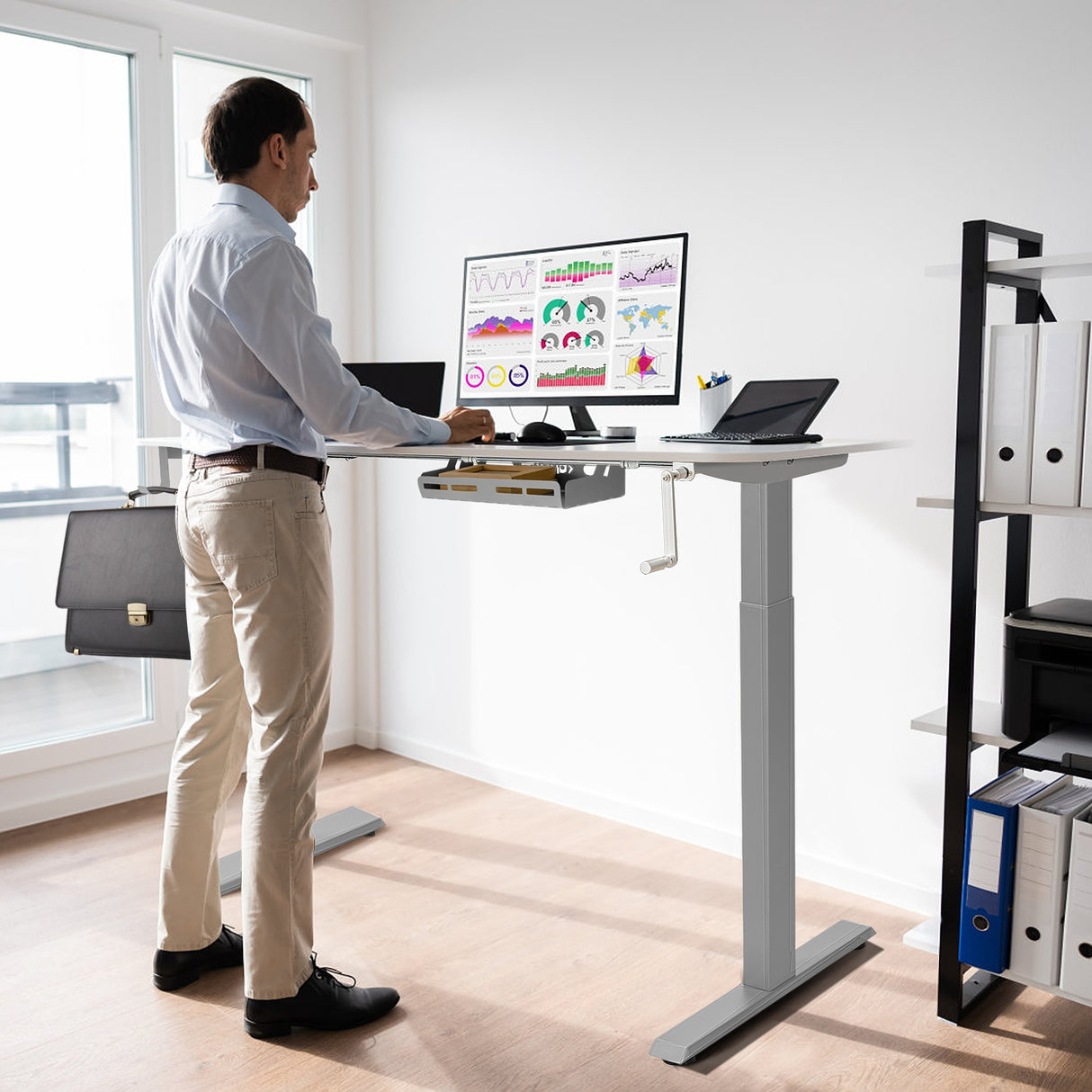 Hand Crank Sit to Stand Desk Frame Height Adjustable Standing Base-Gray