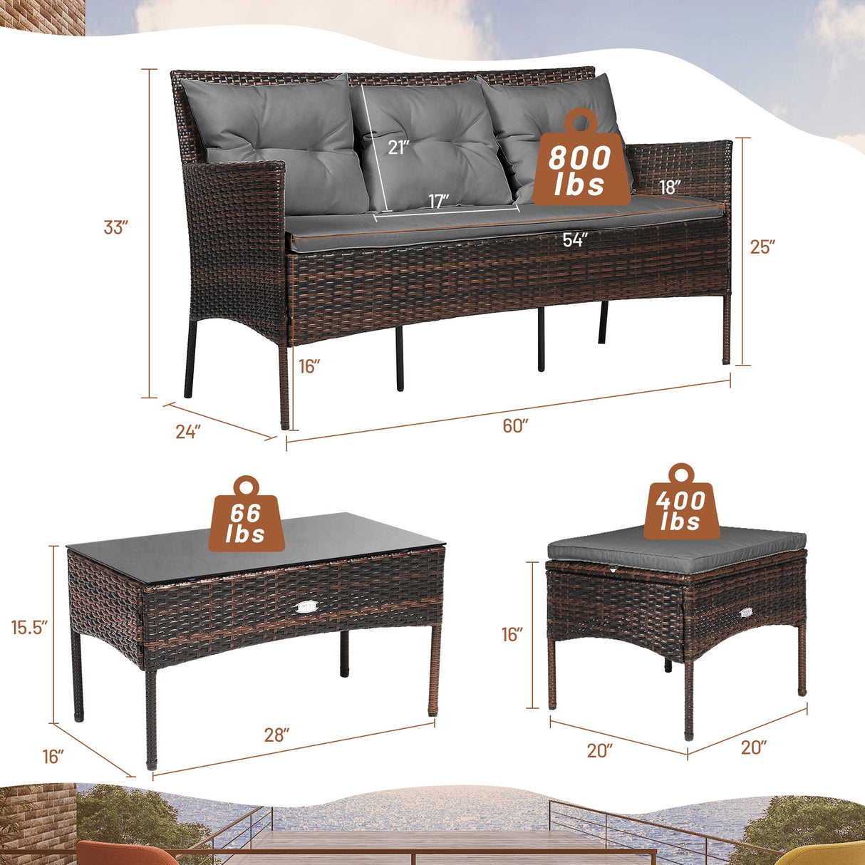 3 Pieces Patio Furniture Sectional Set with 5 Cozy Seat and Back Cushions-White