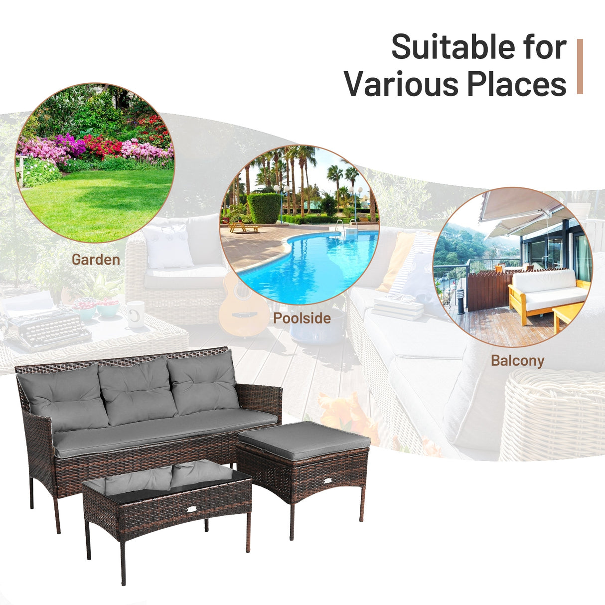 3 Pieces Patio Furniture Sectional Set with 5 Cozy Seat and Back Cushions-White